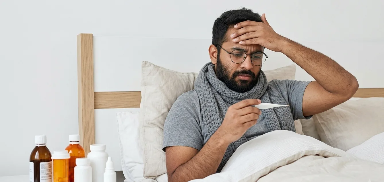 A man in bed with a thermometer during monsoon fever - Even Hospitals Monsoon Fever Screening camp