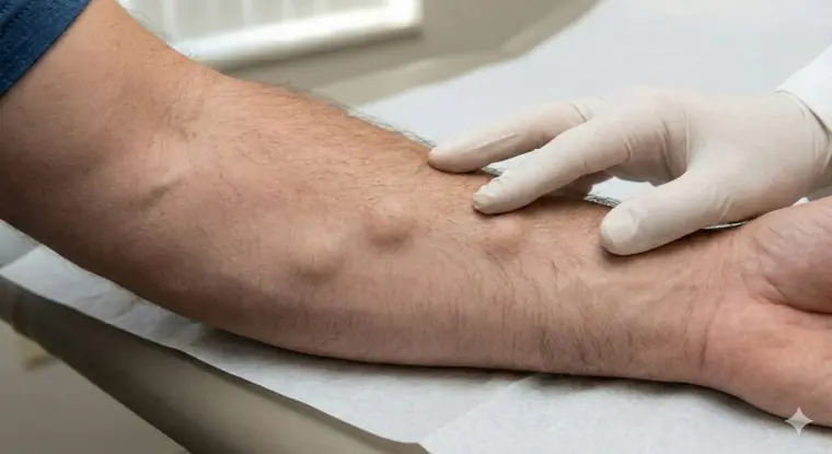 Doctor examining a lipoma on a patient's arm